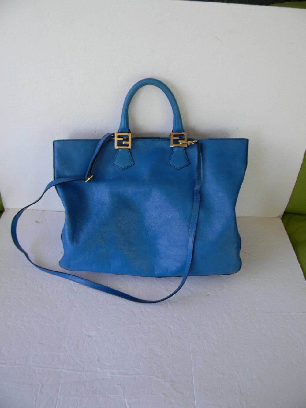 FENDI TWINS BRIGHT BLUE LARGE LEATHER TOTE CROSSBODY BAG ITALY